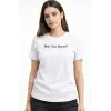 Kadın Wafıl Kumaş Tişört Regular Kalıp Bisiklet Yaka Baskılı T-Shirt - Beyaz