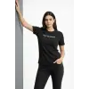 Kadın Wafıl Kumaş Tişört Regular Kalıp Bisiklet Yaka Baskılı T-Shirt - Siyah