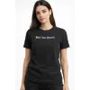 Kadın Wafıl Kumaş Tişört Regular Kalıp Bisiklet Yaka Baskılı T-Shirt - Siyah