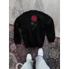 Kadın Oversize Kapüşonlu Cepli GÜL Baskılı 3 İplik Pamuklu Hoodie Sweatshirt - Siyah
