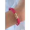 Pembe Renk Zirkon Taşlı Deri Çoklu Bileklik 5886