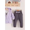 Prences Nakışlı Kapişonlu 3lü % 100 Pamuk Kız Bebek Takımı