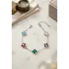 Renkli Kristal Taşlı Gümüş Renk Yonca Model Kadın Bileklik