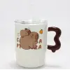 Sevimli Capybara Figürlü Kapaklı Porselen Kupa Bardak