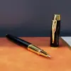 Siyah Gold Detaylı Termo Deri Defter Ve Metal Roller Kalem Hediye Seti