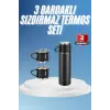 Termos Paslanmaz Çelik Termos Siyah Renk 3 Bardaklı Termos Seti