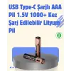 USB Type-C Şarjlı AAA Lityum Pil 1000+ Şarj Döngüsü ile Uzun Ömür