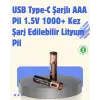 USB Type-C Şarjlı AAA Lityum Pil 1000+ Şarj Döngüsü ile Uzun Ömür