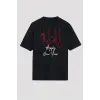 Yılbaşı Happy New Year Baskılı Kısa Kollu Oversize Bisiklet Yaka T-shirt - Siyah
