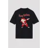 Yılbaşı Merry Christmas Noel Baba Baskılı Oversize Bisiklet Yaka T-shirt - Siyah