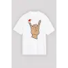 Yılbaşı Noel Başlıklı Serçe Parmak Baskılı Oversize Bisiklet Yaka T-shirt - Beyaz