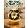 Yonca Figürlü Cam Küre USB Işıklı Ahşap Tabanlı Dekoratif Masa Lambası