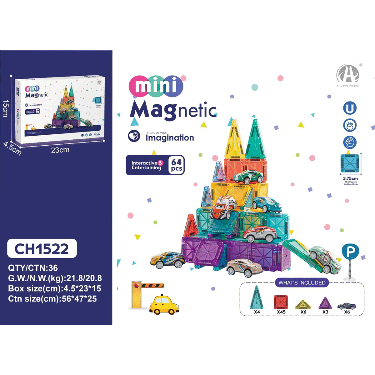 3.75CM Mini Magnetic Blok 64 Parça