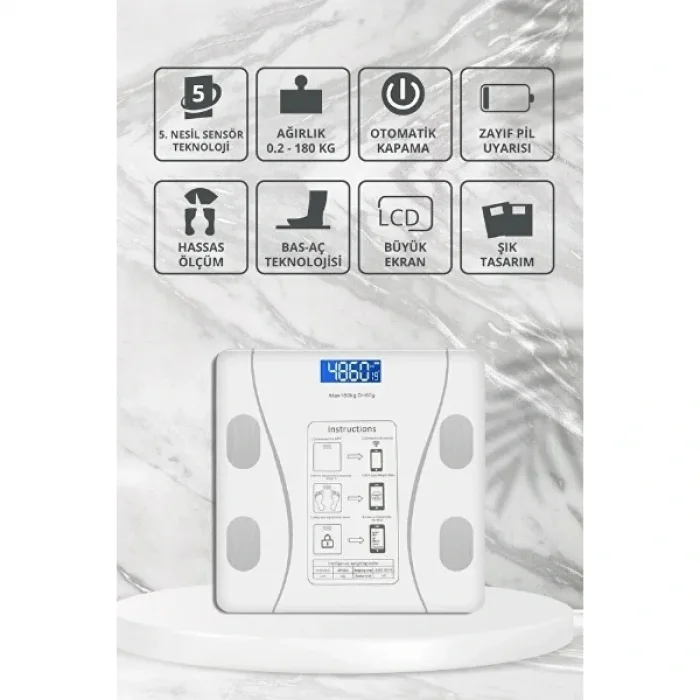 Beyaz Renk Bluetooth Özellikli Akıllı Tartı