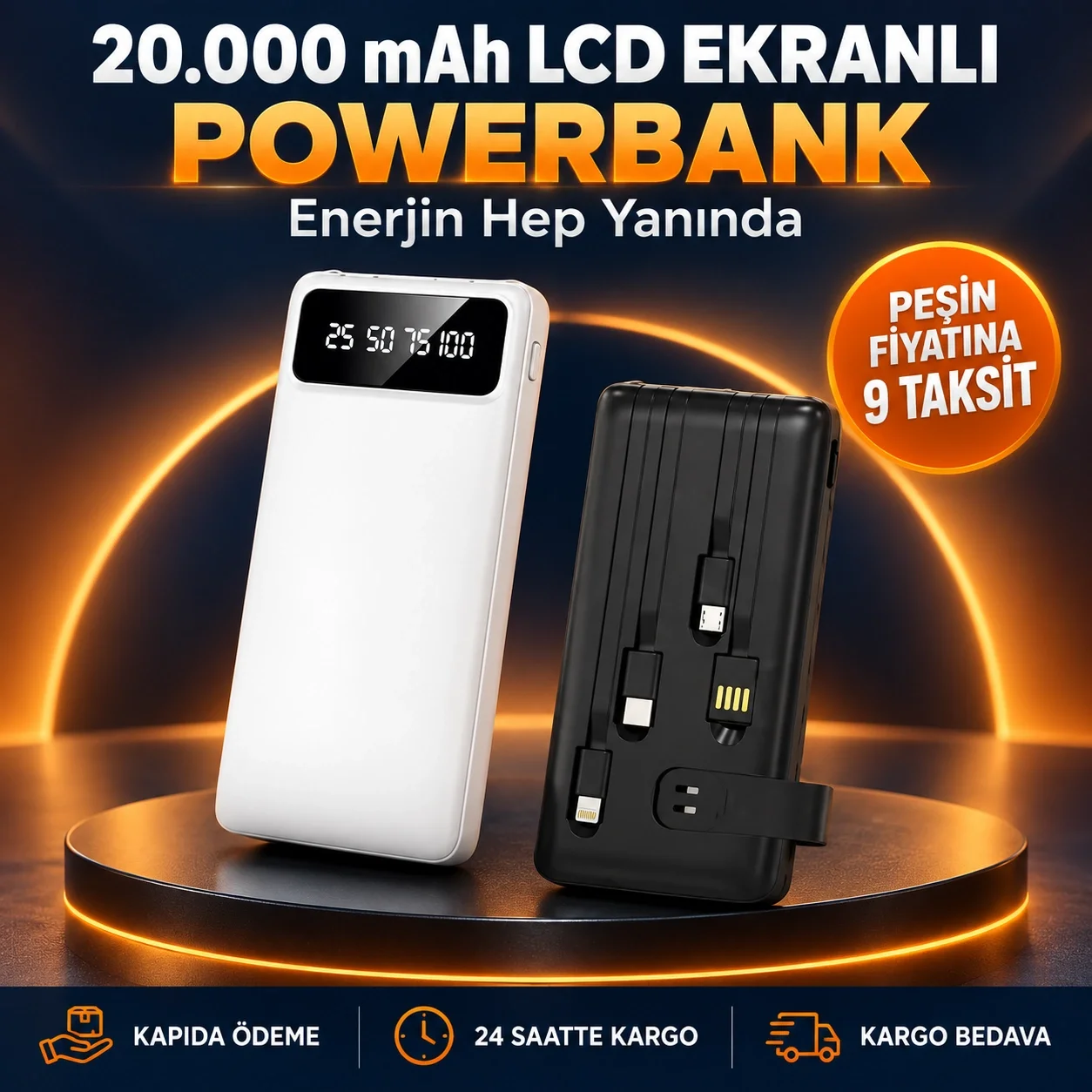 Kamp ve Seyahat İçin 20.000mAh LED Işıklı Hızlı Şarj Powerbank Yeni Nesil