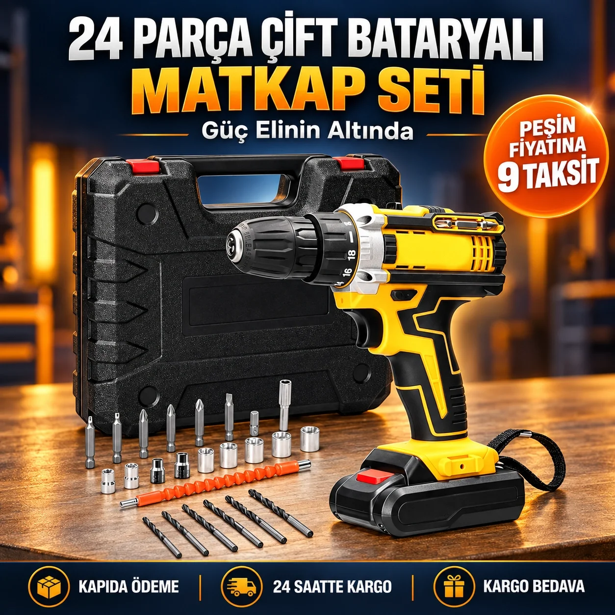 Metal Şanzıman Çift Akülü Bakır Sargı 24 Parça Led Aydınlatmalı Matkap Seti