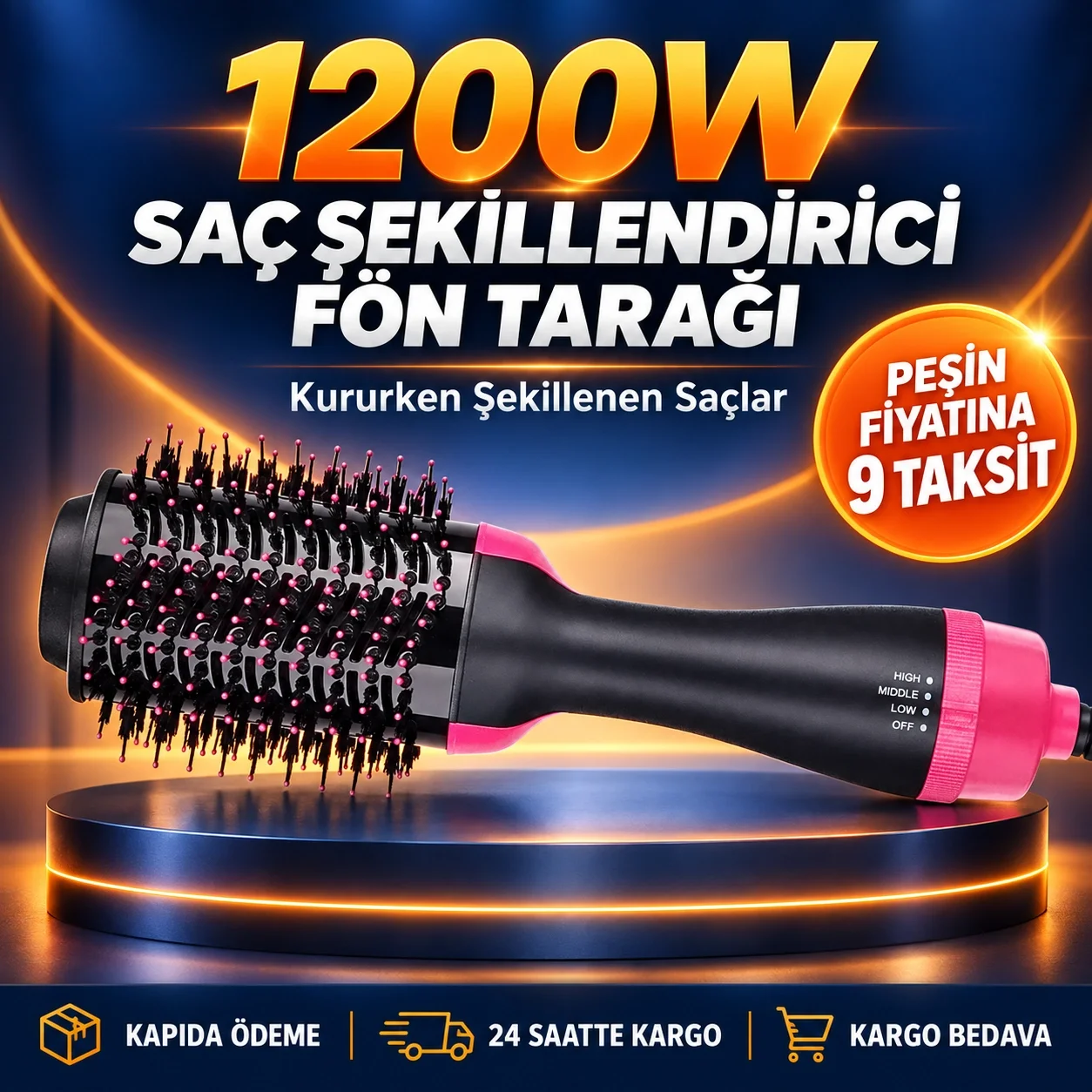 Yeni Nesil Fön Tarağı – 220°C Isı, Negatif İyon, 360° Dönebilen Kablo