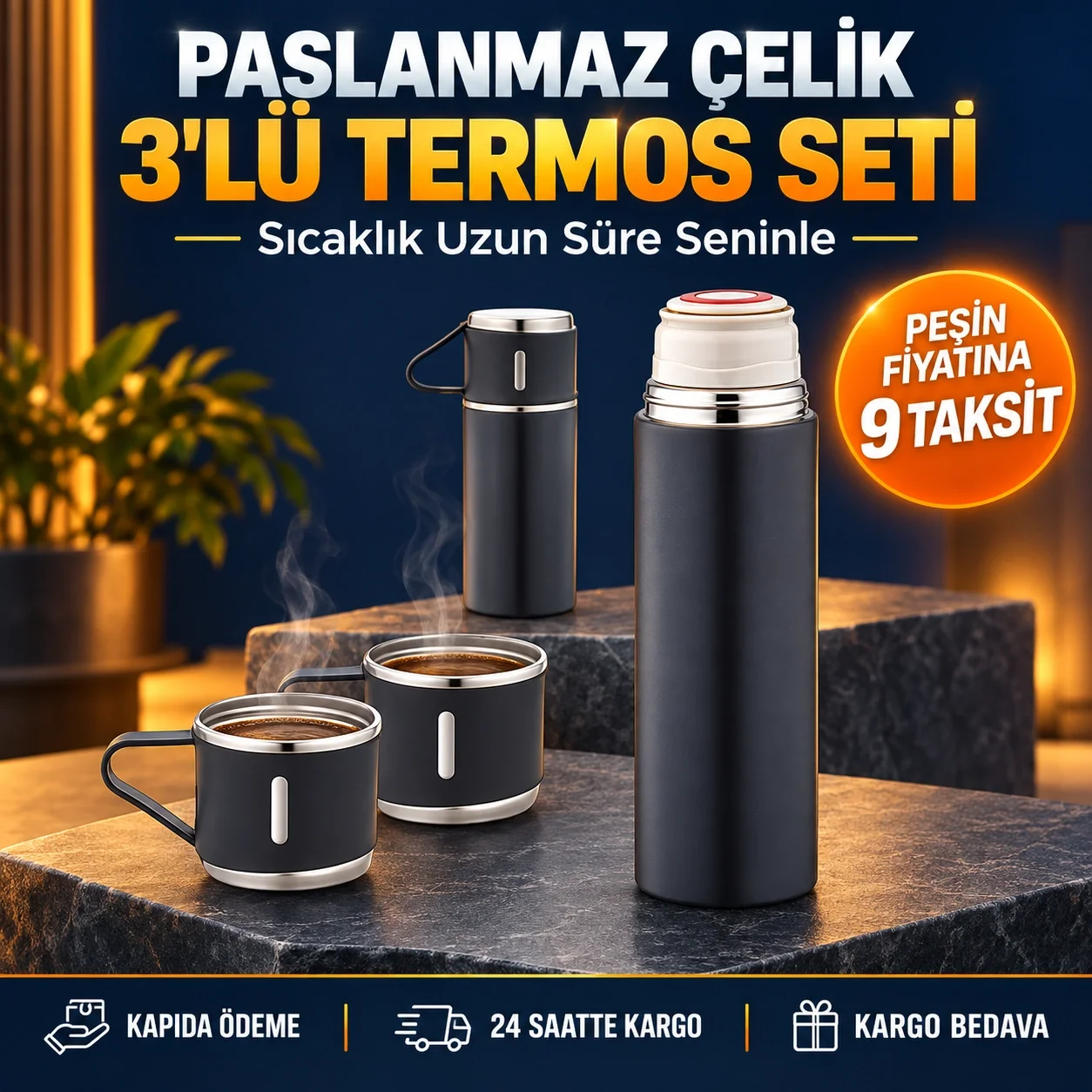Termos Seti 3lü Bardak Seti Isı Dayanıklı Siyah Paslanmaz Çelik Vakumlu