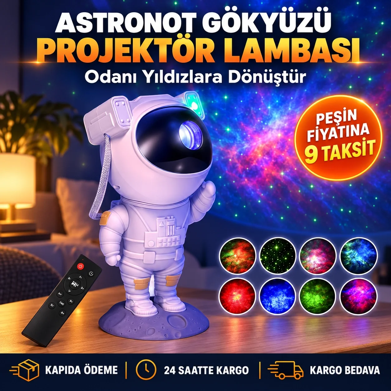 Astronot Projeksiyon Lambası Bluetooth Müzikli ve Uzaktan Kumandalı