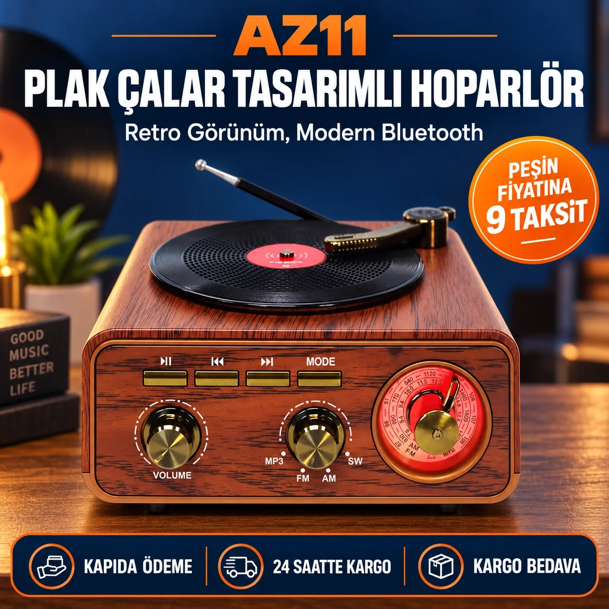 Nostaljik Tasarım Plak Çalar Görünümlü Radyolu Bluetooth Hoparlör Retro Müzik Plak