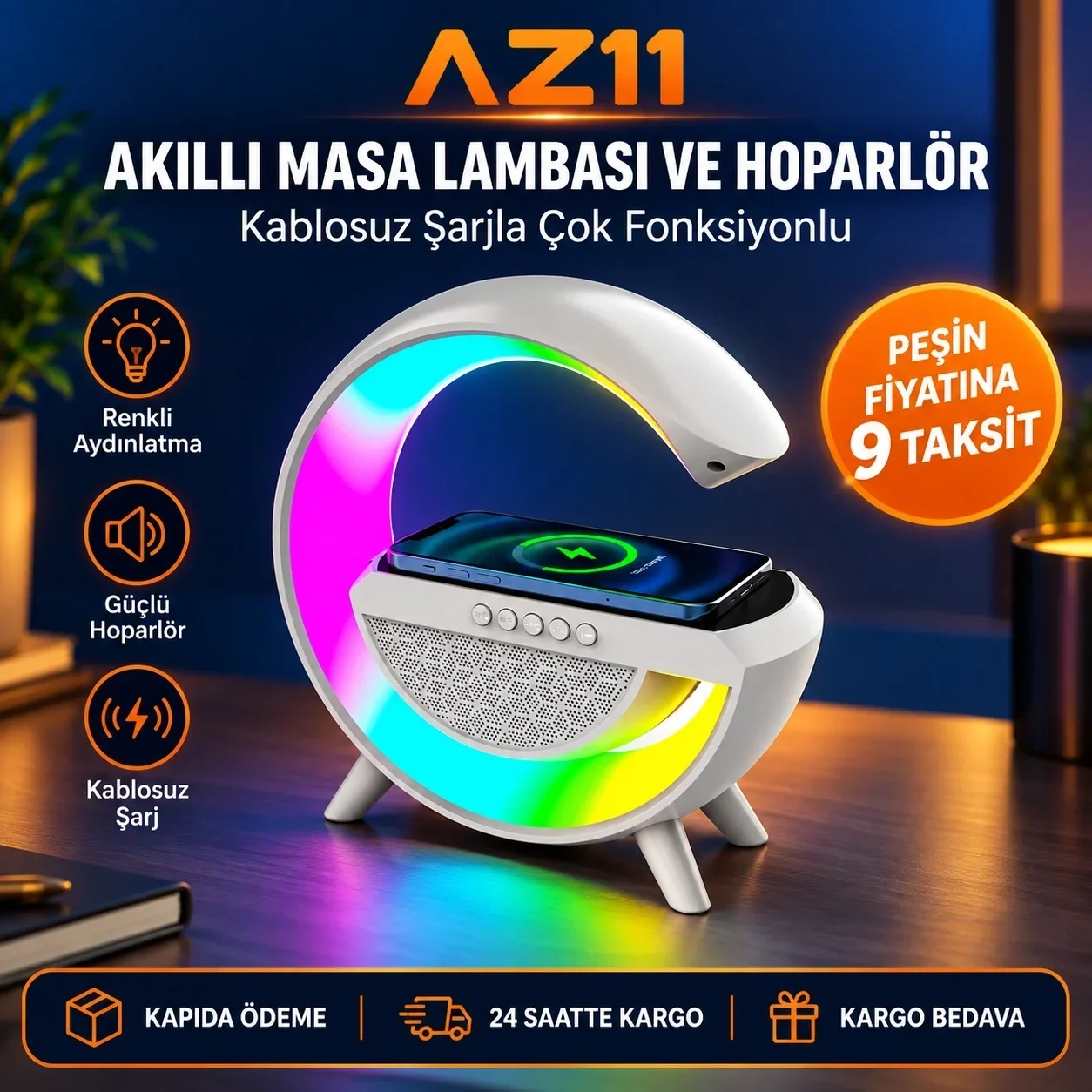 Akıllı Masa Lambası Hoparlör Led Işık & Kablosuz Şarj Alk2289