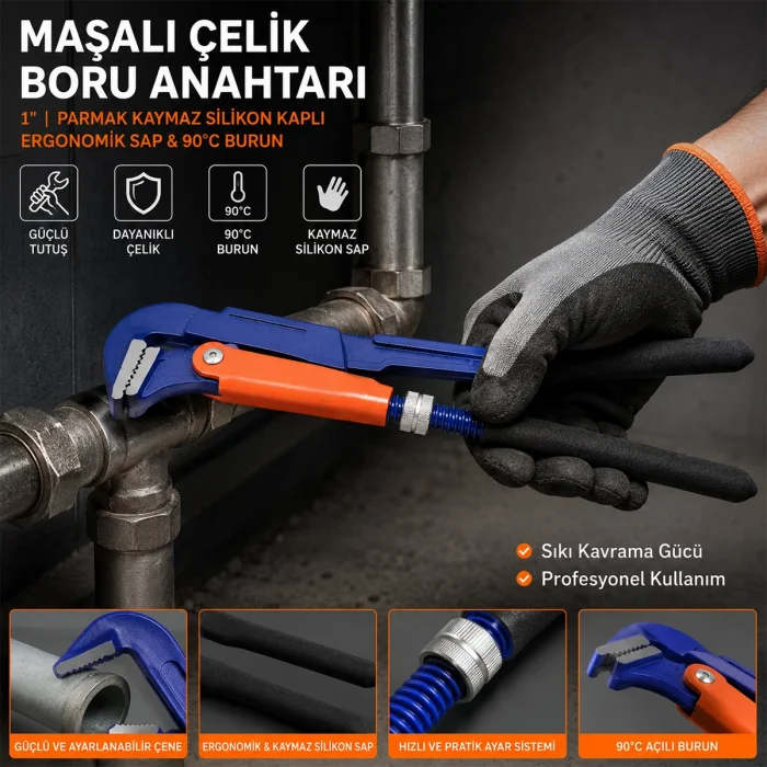 1 inç Çelik Boru Anahtarı (Silikon Saplı, 90° Maşalı)