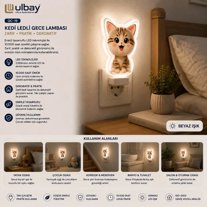 10 Adet Kedi Ledli Gece Lambası Gc-19 Bx40