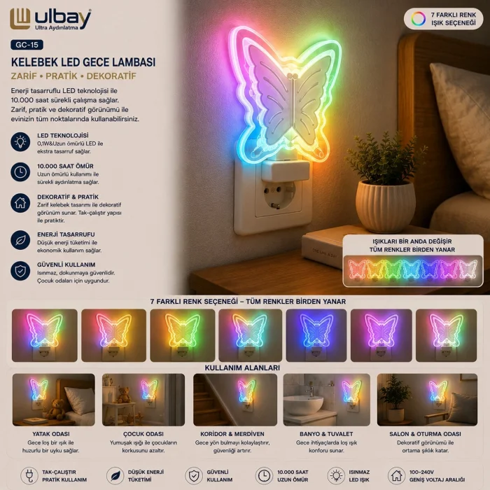 10 Adet Kelebek Led Gece Lambası Gc-15 Bx40