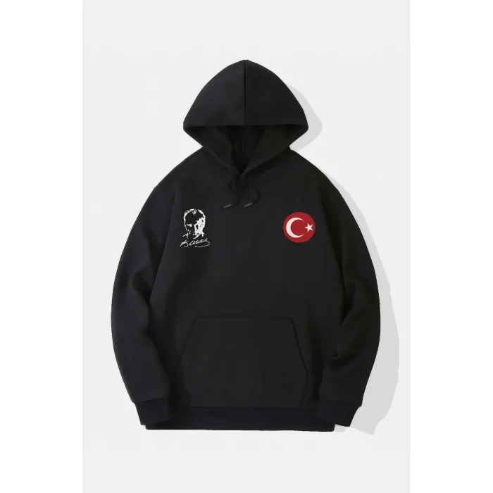 10 Kasıma Özel 3 İplik Kapüşonlu Baskılı SweatShirt Hoodie - Siyah