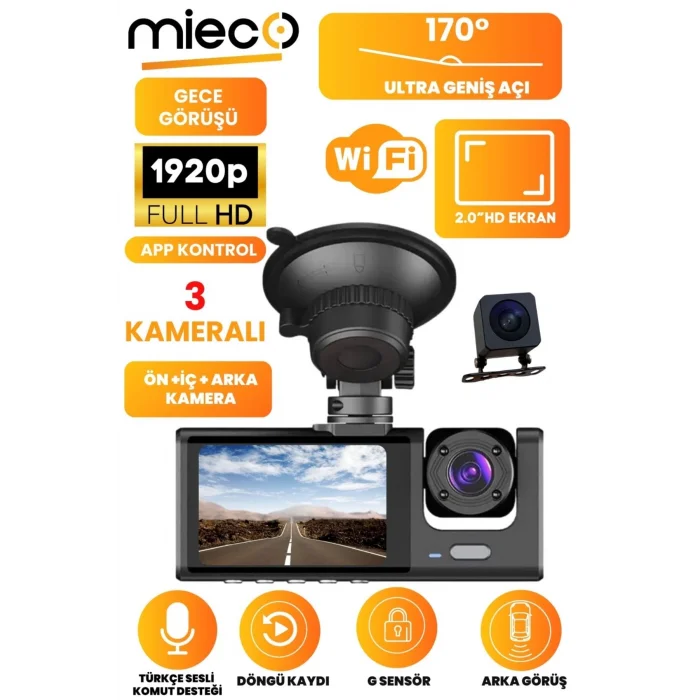 1s Wifi / App /1920p Fhd/ 170° Ultra Geniş Açı/gece Görüş/ G-sensörü 3 Kameralı Araç Kamerası(2025)