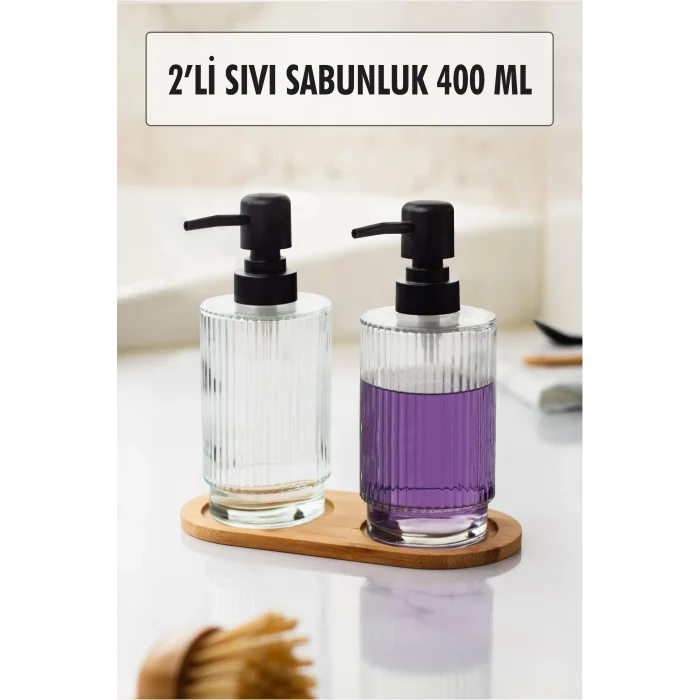 2 Li Bambu Altlıklı Sıvı Sabunluk Seti