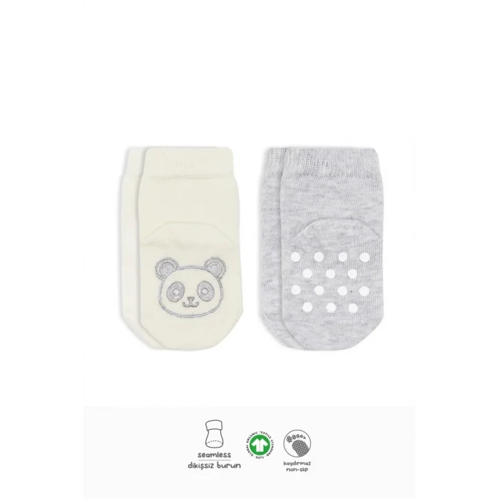 2Li Hayvan Figürlü Kaymaz Soket Çorap 10104 Gri Ekru