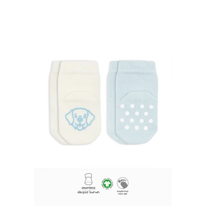 2Li Hayvan Figürlü Kaymaz Soket Çorap 10104 Mavi Ekru