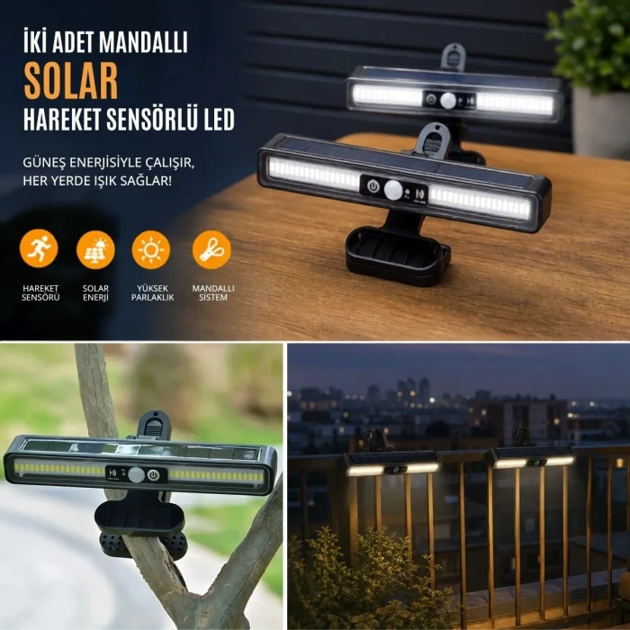2li Mandallı LED Solar Lamba - 36 LED - Hareket Sensörlü - 3 Modlu