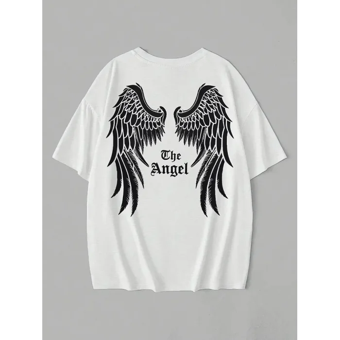20/1 Penye Compack Dark Angel Baskılı Oversize Kısa Kol Yazlık T-shirt- Beyaz