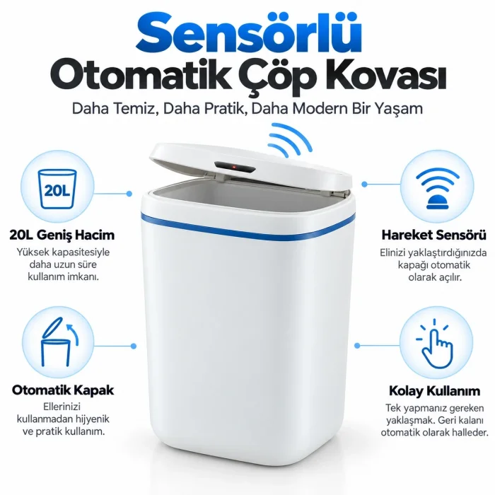 20 Litre Sensörlü Temassız  Otomatik Çöp Kovası Beyaz