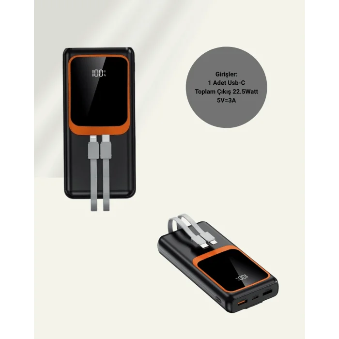 20000 mAh Taşınabilir Powerbank | Çok Kablolu, Hızlı Şarj Destekli (22.5W)