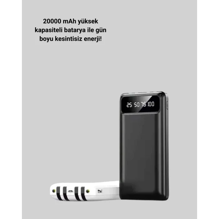 20.000mAh PD Powerbank LED Işık LCD Ekran Dahili Kablo Çoklu Giriş