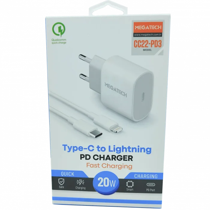 20W PD TYPE-C To İphone Şarj Aleti Megatech CC22-PD3