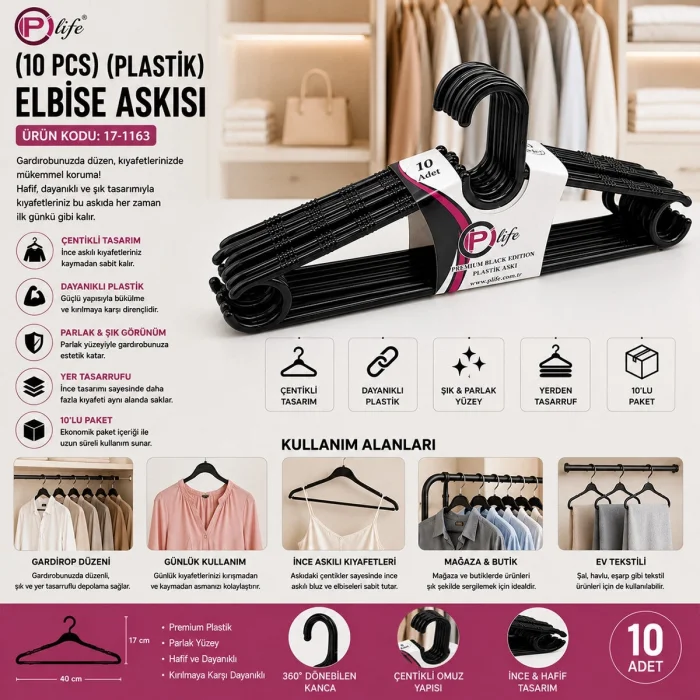 240 Adet Siyah Elbise Askısı Plastik 24x10pcs Bx40