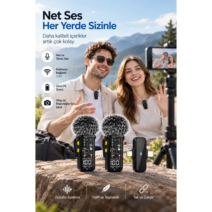 2.4G Kablosuz Çift Mikrofonlu Yaka Mikrofonu İçerik Üretim Seti