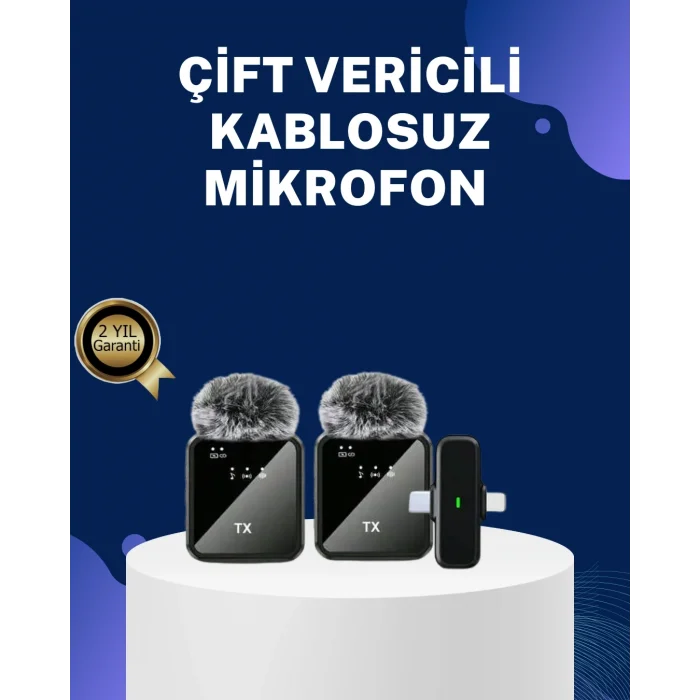 2in1 Kablosuz Yaka Mikrofonu iOS ve Android Uyumlu