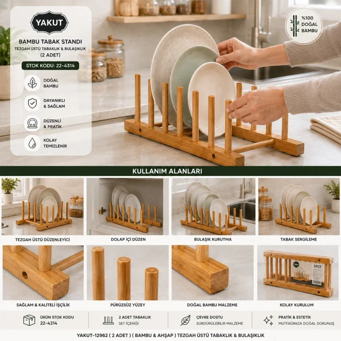 2pcs Bambu - Ahşap Tezgah Üstü Tabaklık - Bulaşıklık Bx40