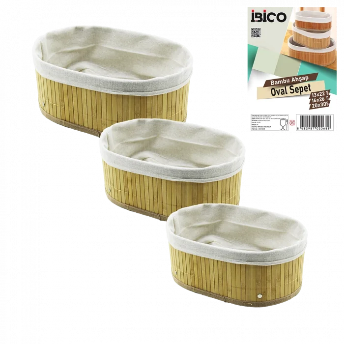 3 Boy Oval Organizer Sepet - Bambu Kenarlı, Ahşap Tabanlı, Bezli