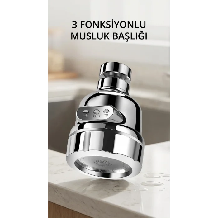 3 Fonksiyonlu Döner Krom Musluk Ucu Su Tasarruflu Aparat