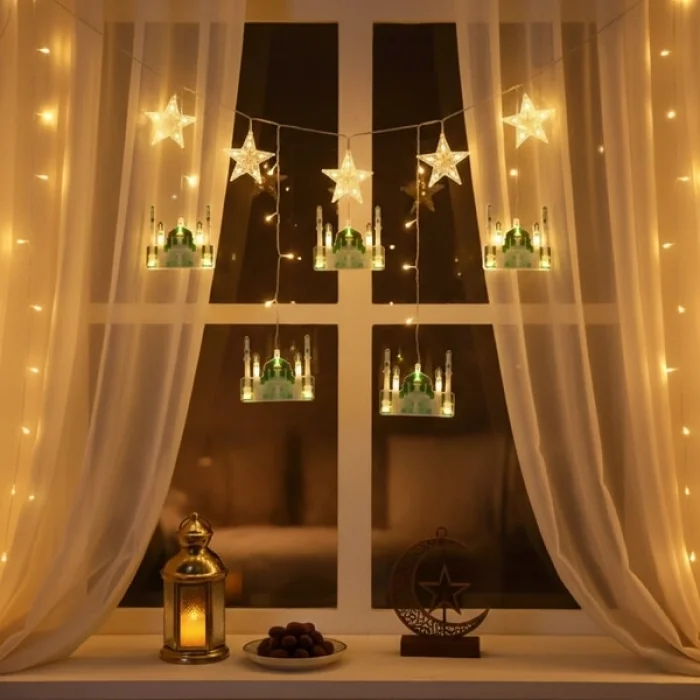 3 mt Fişli Yeşil Cami Yıldız Ramazan Perde LED