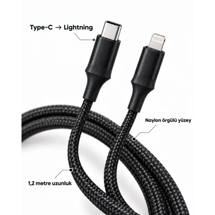 30W PD Hızlı Şarj Kablosu Type C Lightning LED Göstergeli
