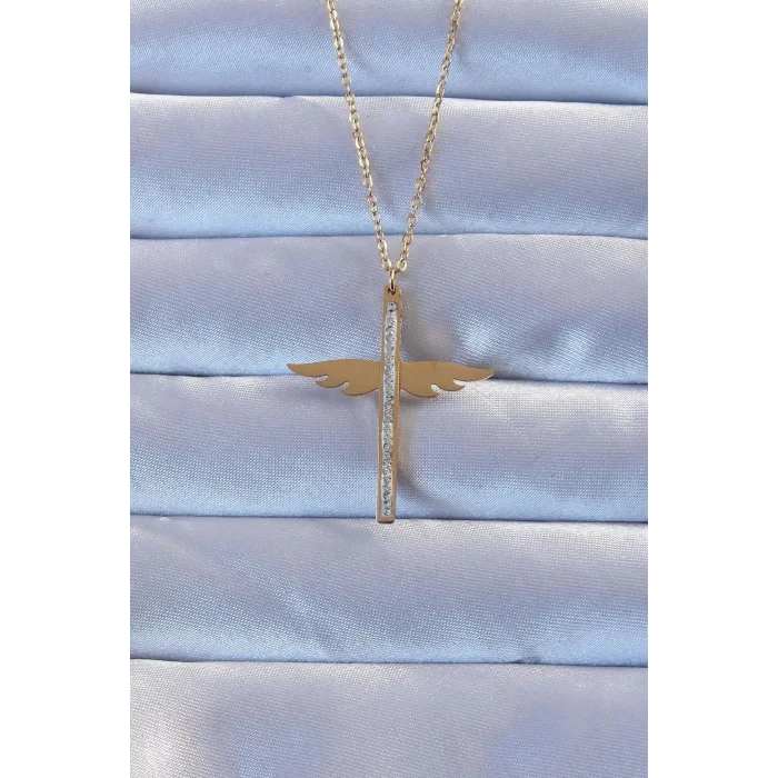 316L Çelik Altın Renk Zirkon Taşlı Mikail Kolye