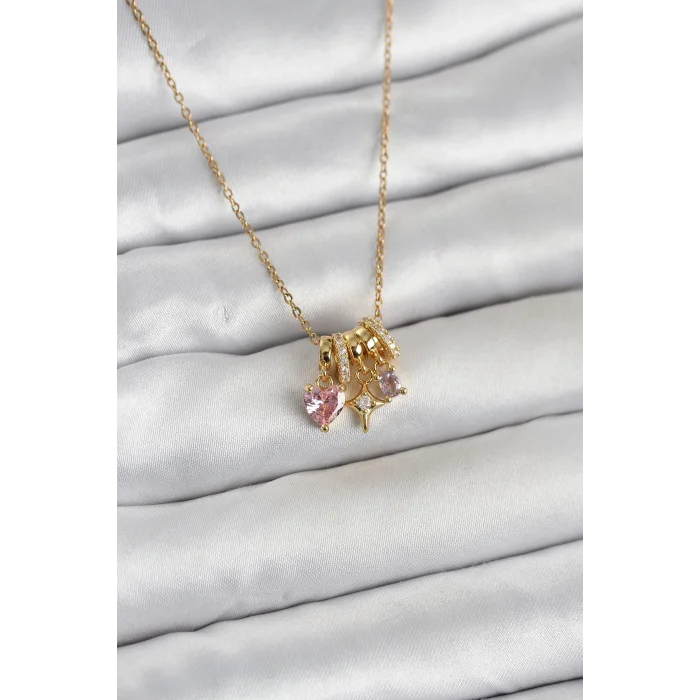 316L Çelik Gold Pembe Zirkon Taşlı Charmlı Kadın Kolye
