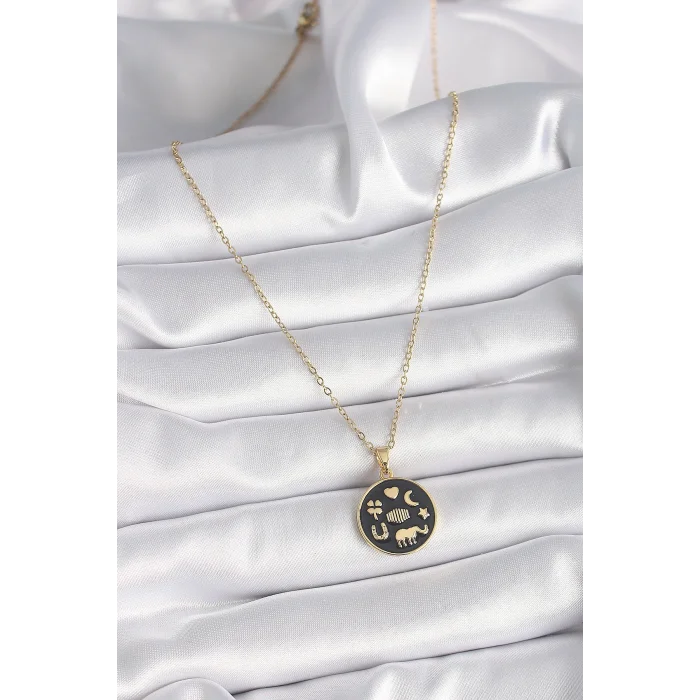 316L Çelik Gold Renk Siyah Şans Kolyesi